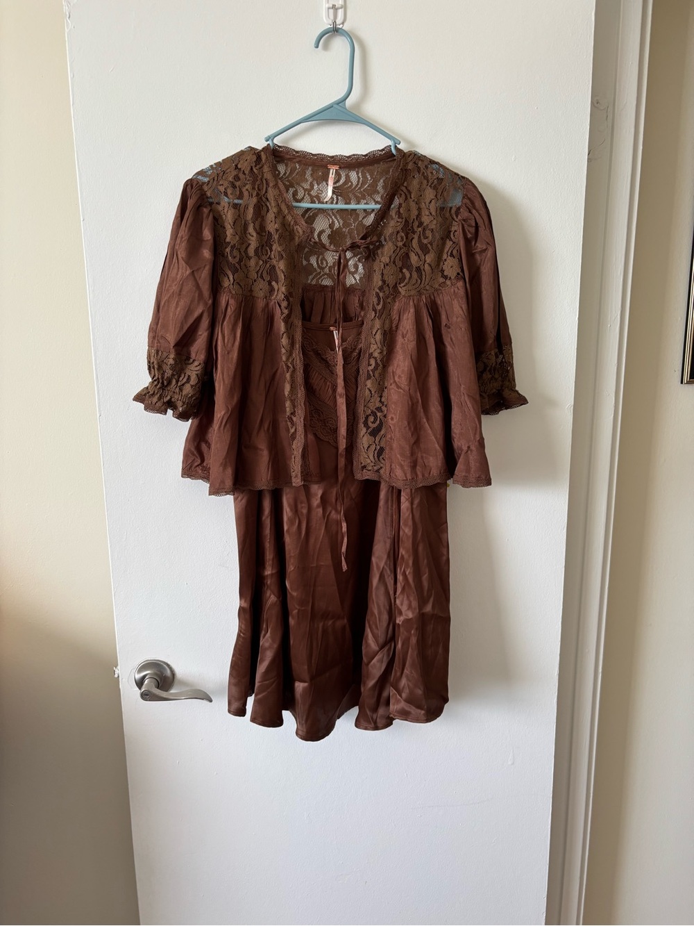 Free People Chocolate Brown Satin Lace Trim Slip Dress - Picture 5 of 12